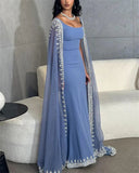 Vintage Dusty Blue Mermaid Evening Dress Applique Beaded Prom Dress Unique Cape Design Long Party Dress Birthday Outfits HZ0311