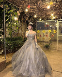 Unique Ball Gown Off The Shoulder Gray Tulle With Beads Long Prom Dresses Formal Gown Inspo Evening Outfits HZ0311