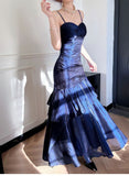 Sexy Mermaid Spaghetti Strap Satin Royal Blue Long Prom Dresses Party Dress 19th Birthday Outfits Graduation Gown HZ0311