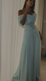 Customized Soft Blue Chiffon Evening Dress Sexy Mermaid Sweetheart Off the Shoulder Celebrity Gowns Wedding Guest Dress HZ0311