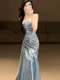 Light Blue Strapless Pleated Prom Dresses Evening Formal Gown Semi Formal Grad Long Prom Dress For Teens HZ0311