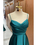 Classy Slim Long Green Satin A line Prom Dress With Straps HZ0311