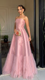 Charming A line Strapless Pink Satin Inspiration Sleeveless Long Prom Dresses Wedding Guest Dress Prom Gowns HZ0311