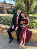 Modest Sheath Strapless Burgundy Chiffon With Slit For Women Party Dress Long Formal Prom Dresses 22th Birthday Outfits HZ0311