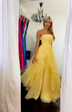 Modest Yellow Strapless A-Line Prom Dresses With Slit Prom Gown HZ0311