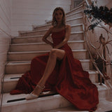 Simple A line Spaghetti Strap Sleeveless Red Long Satin Prom Dress Inspo Prom Gown HZ0311