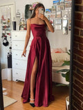 Simple A Line Burgundy Satin Long Prom Dresses with High Slit Inspo Evening Dress HZ0311