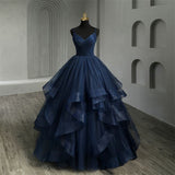 New Boho Navy Blue Quinceanera Dresses Ruffles V neck Spaghetti Straps Simple Party Sexy Prom Dresses HZ0311