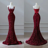 Classy Mermaid Spaghetti Straps Burgundy Sequins For Women Party Dress Long Formal Prom Dresses 18th Birthday Gowns HZ0311