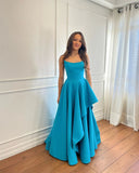 Modest Graceful Blue Strapless Sleeveless Prom Dress Prom Gown HZ0311