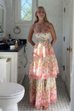 Elegant Spaghetti Straps Floral Print Ruffles Long Prom Dress Party Gowns HZ0311