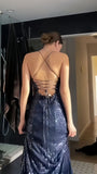 Modest Mermaid V Neckline Marine Ball Dresses Long Formal Gowns Navy Blue Sequin Slit Prom Dresses Evening Gowns HZ0311