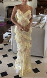 Unique Mermaid Spaghetti Straps Yellow Lace Chiffon Prom Dresses Long Party Dress 21st Birthday Outfits Graduation Gown HZ0311