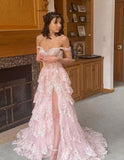 Pretty Off The Shoulder Pink Lace Slit Long Formal Prom Dresses Evening Dress Formal Party Gowns HZ0311
