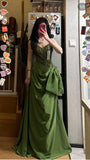 Modest long A line sweetheart olive green satin prom dress Formal Party Gown HZ0311