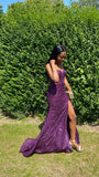 Sexy Mermaid Spaghetti Straps Grape Sequins With Slit Evening For Women Party Dresses Long Formal Prom Dresses 21st Birthday Gowns HZ0311