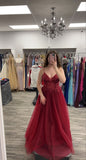 Charming A Line Halter Burgundy Tulle Long Prom Dresses Evening Outfits Formal Dress HZ0311