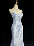 Elegant Blue Spaghetti Strap Prom Gown Pleated Sweetheart Neckline Sexy Backless Fishtail Celebrity Banquet Evening Dress HZ0311