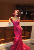Shinning Mermaid Spaghetti Straps Hot Pink Sequined Lace For Women Party Dresses Long Formal Prom Dress 22th Birthday Gown HZ0311