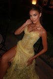 Dreamy Daffodil Sweetheart Strapless Sleeveless Lace Prom Dress Mermaid Side Split With Lace-Up Back Formal Party Gown For Women HZ0311