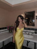 Spaghetti Straps Yellow Satin Mermaid Long Evening Prom Dresses Backless Vacation Wedding Guest Dress HZ0311