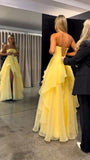 Modest Yellow Strapless A-Line Prom Dresses With Slit Prom Gown HZ0311