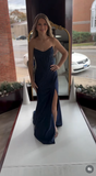 Elegant Mermaid Strapless Navy Blue With Beads Slit Long Formal Prom Evening Dress Dinner Outfits Party Gowns HZ0311