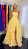 Modest Yellow Strapless A-Line Prom Dresses With Slit Prom Gown HZ0311