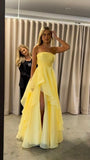 Modest Yellow Strapless A-Line Prom Dresses With Slit Prom Gown HZ0311