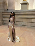 Sexy Mermaid Sweetheart Gold Slit Long Prom Dress With Beaded Bodice Evening Dresses HZ0311