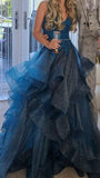 Modest Ball Gown Spaghetti Straps Navy Blue Tulle Long Prom Dress Evening Formal Gowns For Teens HZ0311