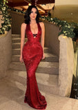 Sexy Mermaid Halter Burgundy Sequins Prom Dresses Party Dress 21st Birthday Outfits Graduation Dress HZ0311