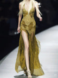 Sexy Mermaid Spaghetti Strap Olive Green Lace Backless Long Prom Dresses Senior Graduation Dance Evening Outfits HZ0311