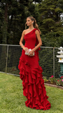 Simple Mermaid One Shoulder Light Sky Blue Chiffon With Ruffles Long Prom Dresses Impress Wedding Guest Dress Party Gown HZ0311