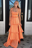 Elegant A line Square Neck Orange Satin Slit Evening Women Party Dresses Long Formal Prom Dresses 16 Birthday Gown HZ0311