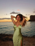 Charming Sheath Summer New V-neck Sling Super Long Beach Green Backless Lace-up Prom Dresses Evening Outfits Formal Dress HZ0311