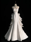 Charming Women's Mermaid 80s Strapless Sleeveless White Satin Pleated Long Wedding Dresses HZ0311