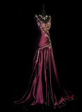 Chic Grape Dresses V-neck A-Line Long Prom Dresses Embroidery Satin Sleeveless Princess Formal Dress HZ0311