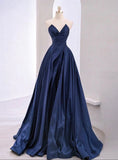 A-Line Sweetheart Satin Navy Blue Long Prom Dress Satin Long Formal Evening Dress HZ0311