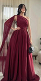 Chic A Line One Shoulder Burgundy Chiffon With Pleated Long Party Women Prom Dresses HZ0311