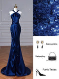 Modest Mermaid Halter Navy Blue Satin For Women Party Dress Long Formal Prom Dresses 22th Birthday Outfits HZ0311
