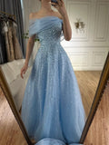 Dream A line Off The Shoulder Blue Tulle Prom Dress Inspo Women Long Formal Dance Evening Party Gowns HZ0311