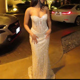 Mermaid Sweetheart Champagne Long Prom Dress With Beaded Bodice Evening Dresses HZ0311