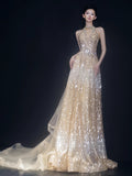 Princess A line Halter Gold Sequins Long Prom Dress Fashion Aesthetic For Teens Formal Dresses Party Outfits Prom Gown HZ0311