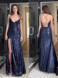 Sexy Navy Blue V-neck Lace-Up Mermaid Long Prom Dress with Slit HZ0311
