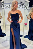 Elegant Mermaid Strapless Navy Blue With Beads Slit Long Formal Prom Evening Dress Dinner Outfits Party Gowns HZ0311