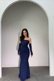 Classy Dark Navy Strapless Mermaid Prom Dress Detachable Sleeves With Beads Zipper Formal Gowns HZ0311