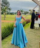 Gorgeous A Line Square Neck Blue Satin Sleeveless Prom Dresses Long Prom Gown HZ0311