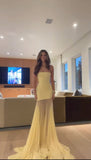 Modest Night Aesthetic Mermaid Strapless Yellow Chiffon College Formal Outfit Long Prom Graduation Dresses For Teens HZ0311