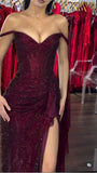 Glamorous Dark Off The Shoulder Burgundy Sequined Long Slit Prom Dresses Mermaid With Beads HZ0311